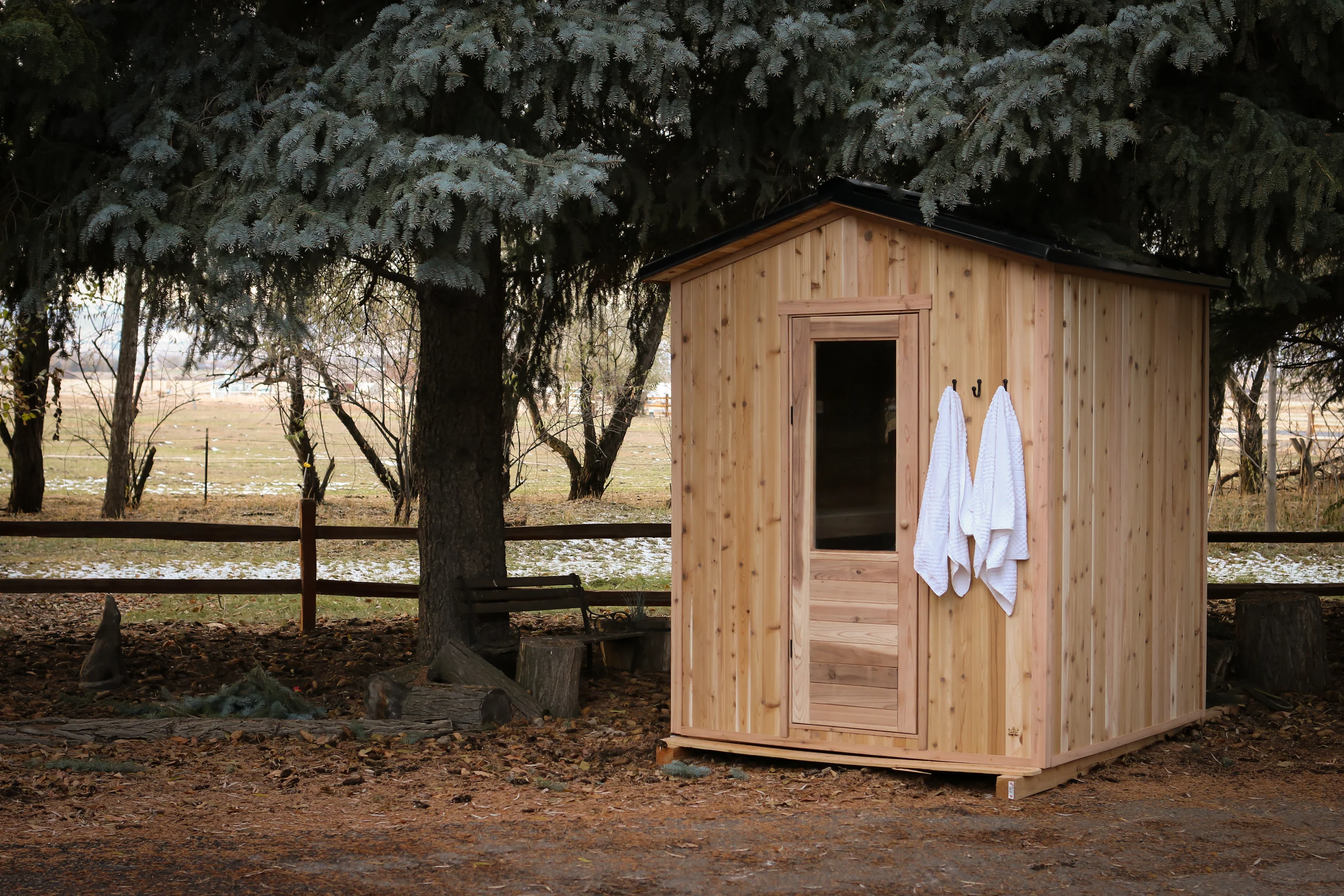 Interior of a cedar sauna — benches and soft light